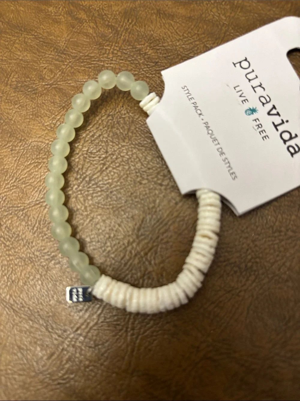 Pura Vida Pale Green glass Beads & white Mother of Pearl Bracelet